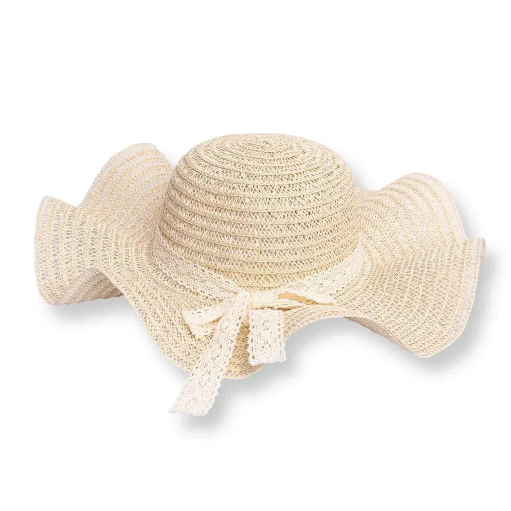 Ecru straw wide-brim hat with ribbon trim bow across the front