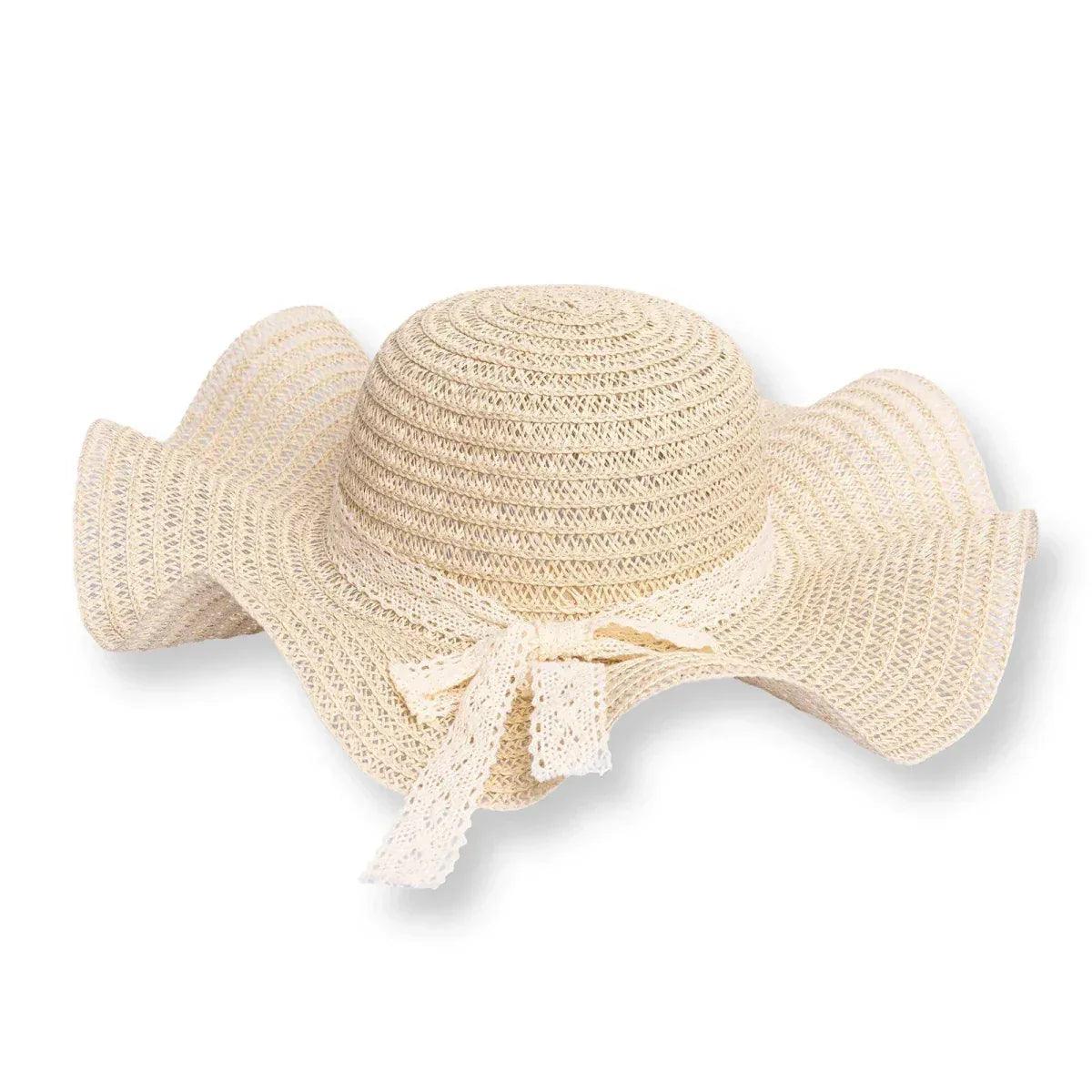 Ecru straw wide-brim hat with ribbon trim bow across the front