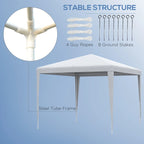 White gazebo tent with steel tube frame, guy ropes, and ground stakes