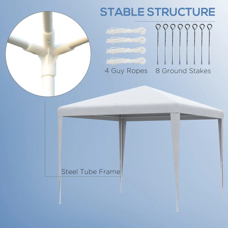 White gazebo tent with steel tube frame, guy ropes, and ground stakes