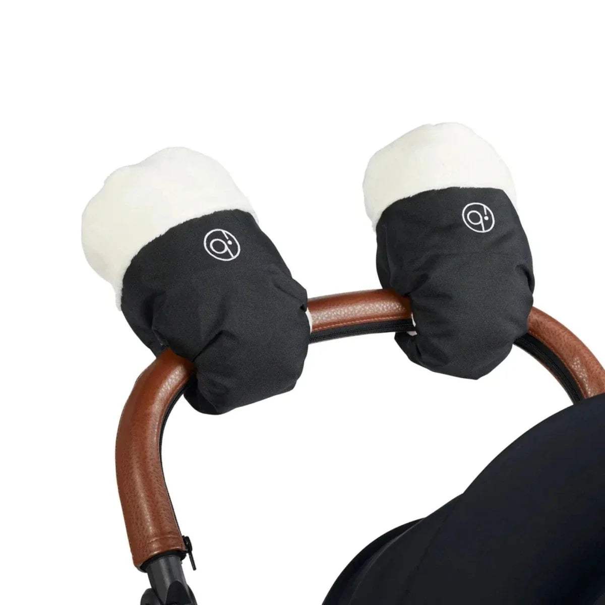 Ickle Bubba pram mitts: black outer with white faux-fur cuffs and round logo