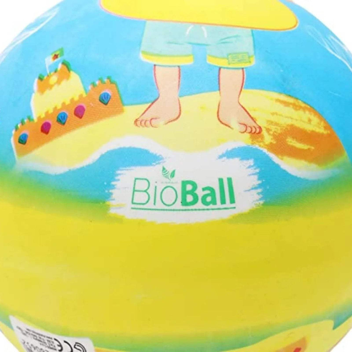Inflatable ball with yellow and blue splash design and "BioBall" logo