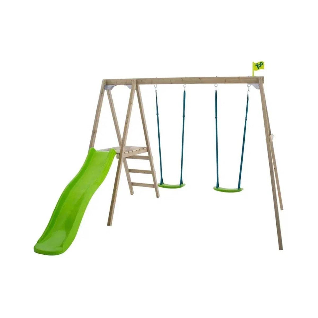 Wooden swing set with two green seats, blue ropes, and green slide