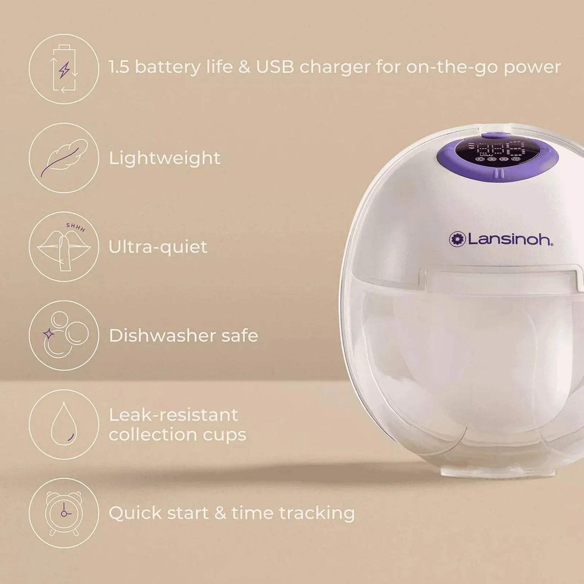 Wearable breast pump in white with purple display top and leak-resistant cups