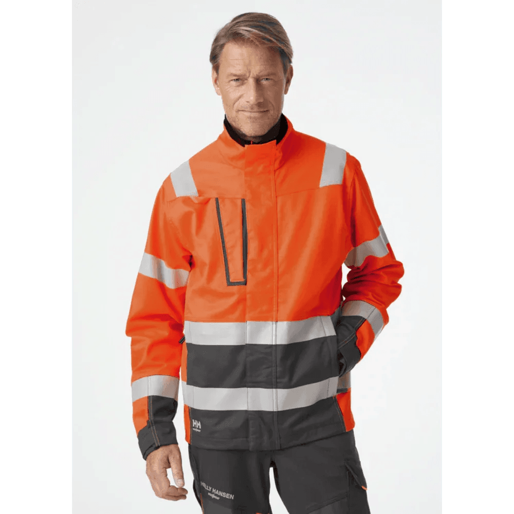 Hi-vis jacket in orange with silver reflective stripes and front zip