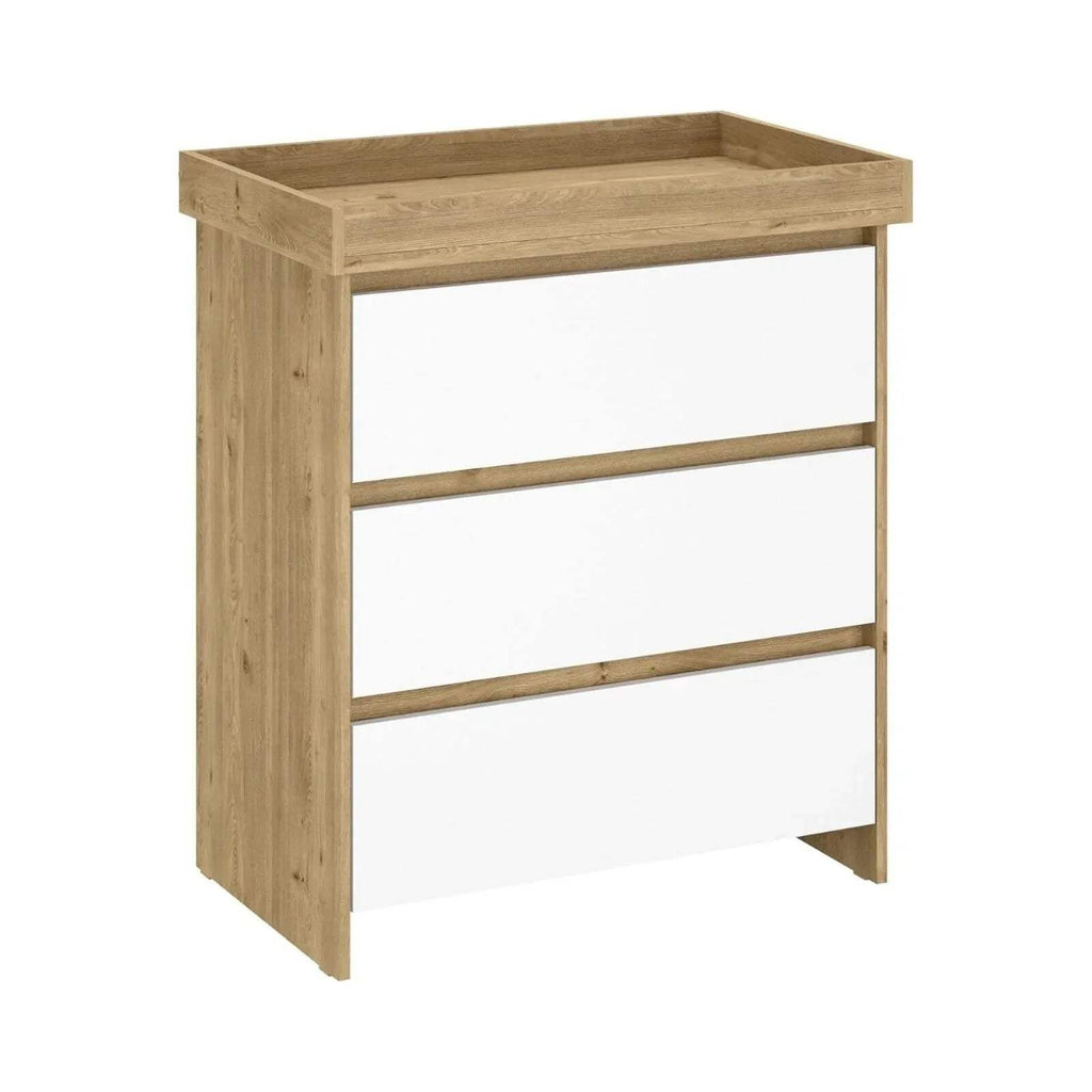 Light oak and white baby changing unit with three drawer fronts and open top