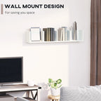 Wall-mounted white media shelf with multiple cubbies holding stacked discs and cases