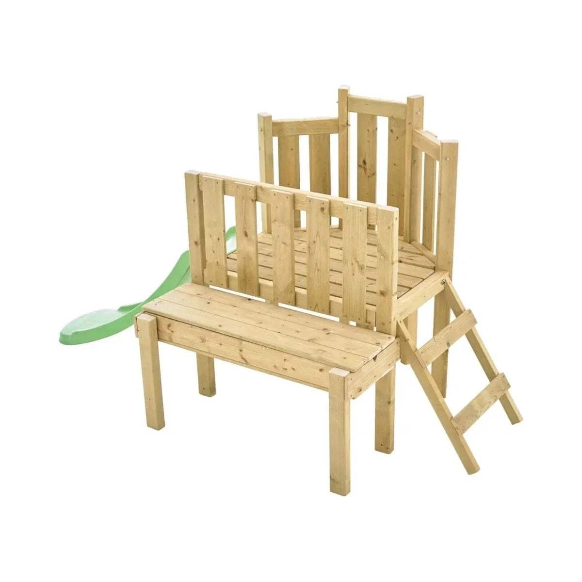 Wooden climbing frame bench seat with ladder and green slide piece