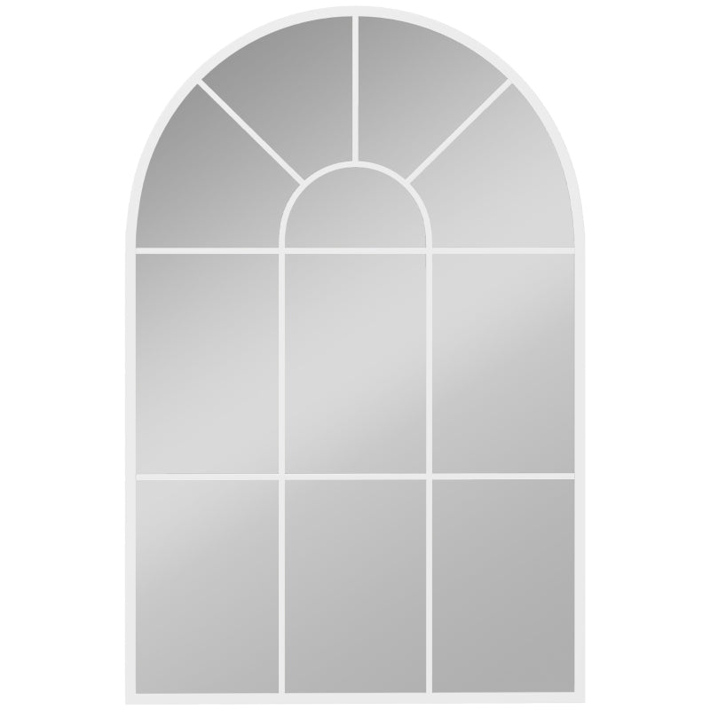 White arched grid mirror with tall window-style pane lines and white frame