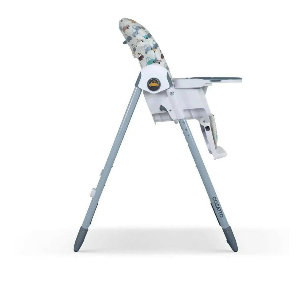 Cosatto Pip 0+ high chair in side view with car-pattern seat and white tray
