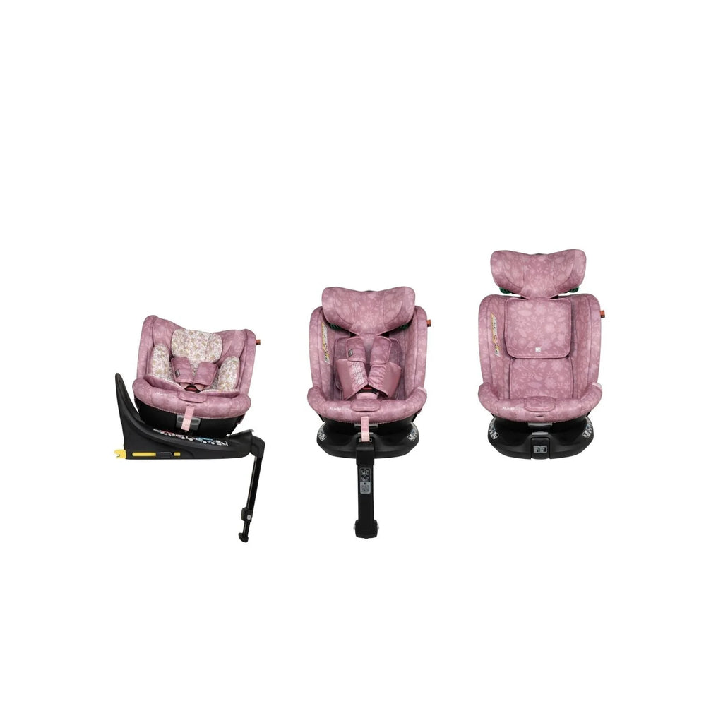Cosatto i-Size car seat in three angles, pink floral cushions and harness pads