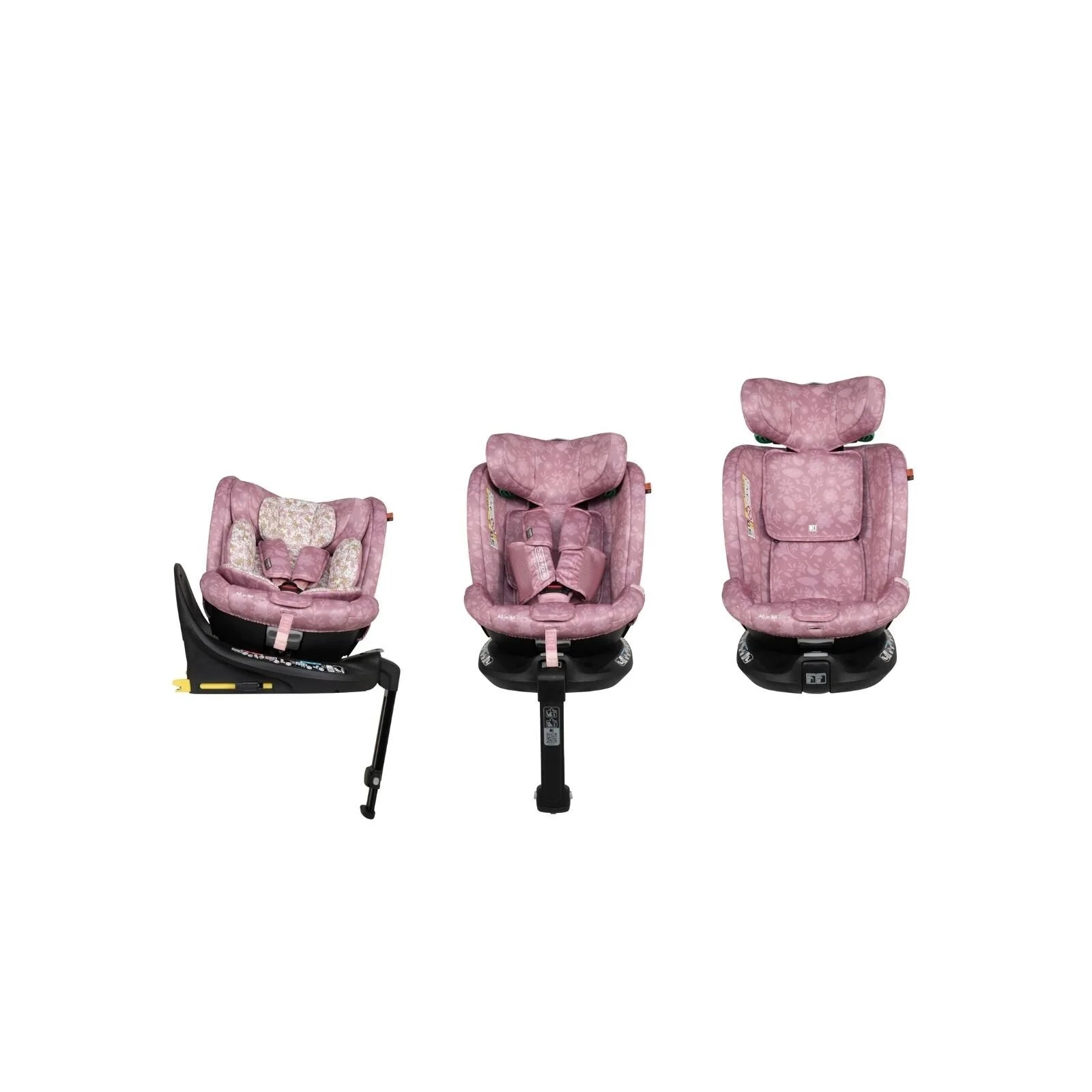 Cosatto i-Size car seat in three angles, pink floral cushions and harness pads