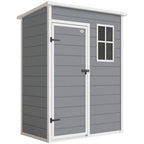 Grey outdoor storage shed with double doors, window, and sloped roof