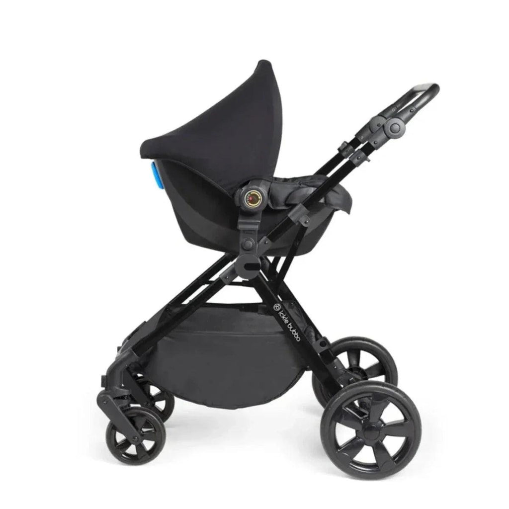 Black stroller with canopy and padded seat; dark frame and multi-wheel design