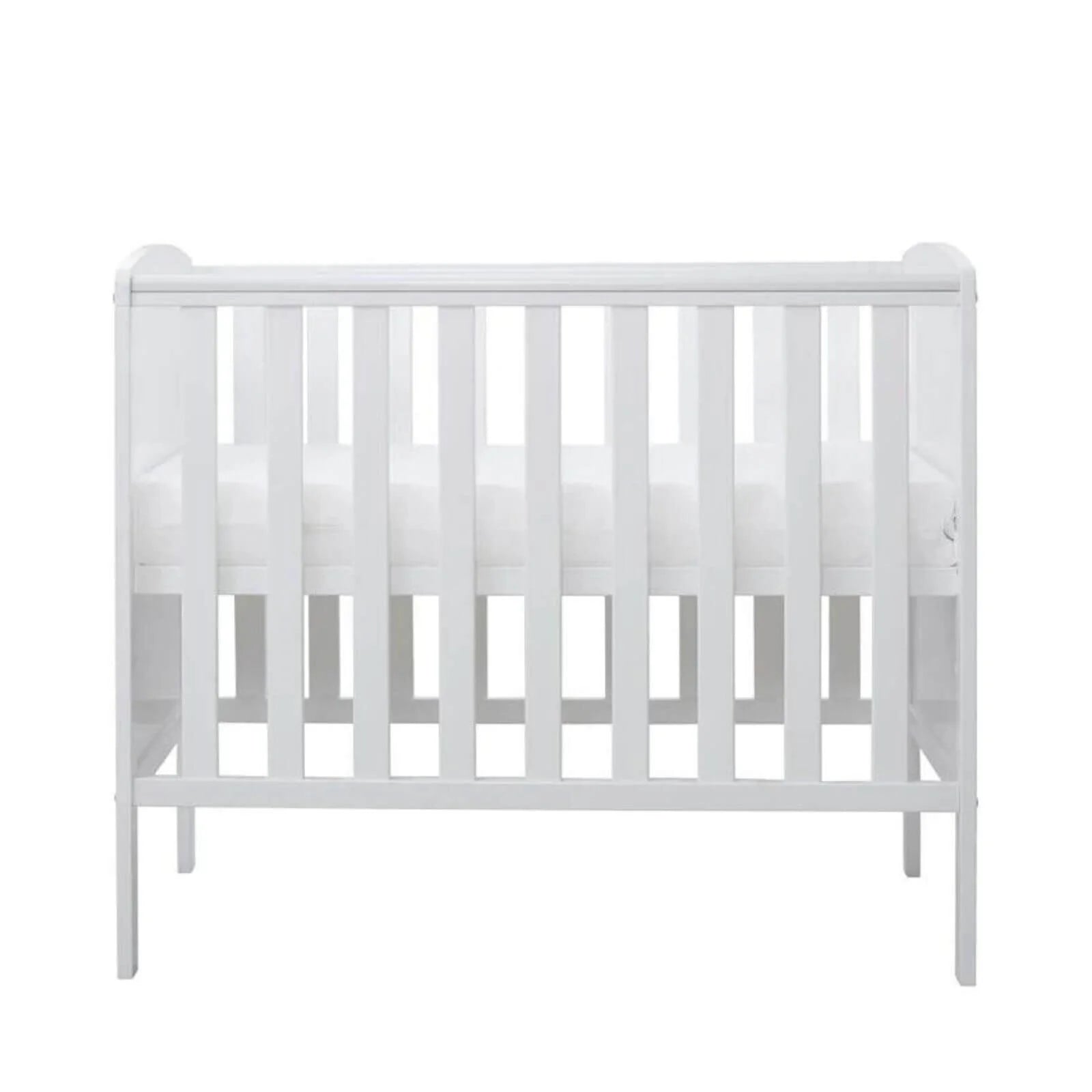 White cot frame with upper rail and evenly spaced vertical slats, angled front