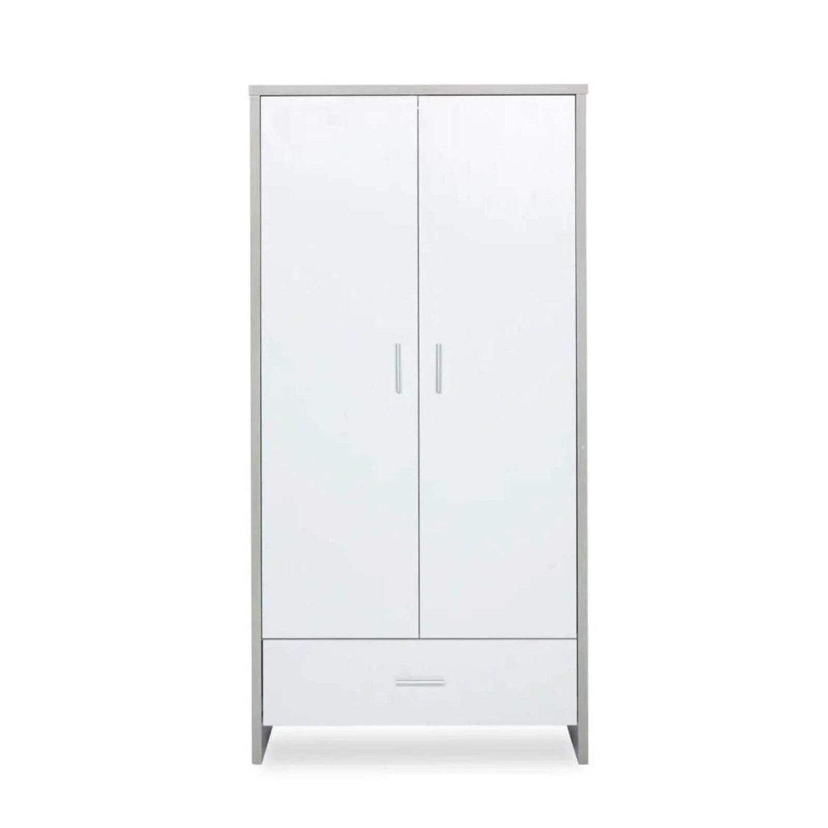 White two-door wardrobe with ash grey sides and center handles, tall cabinet