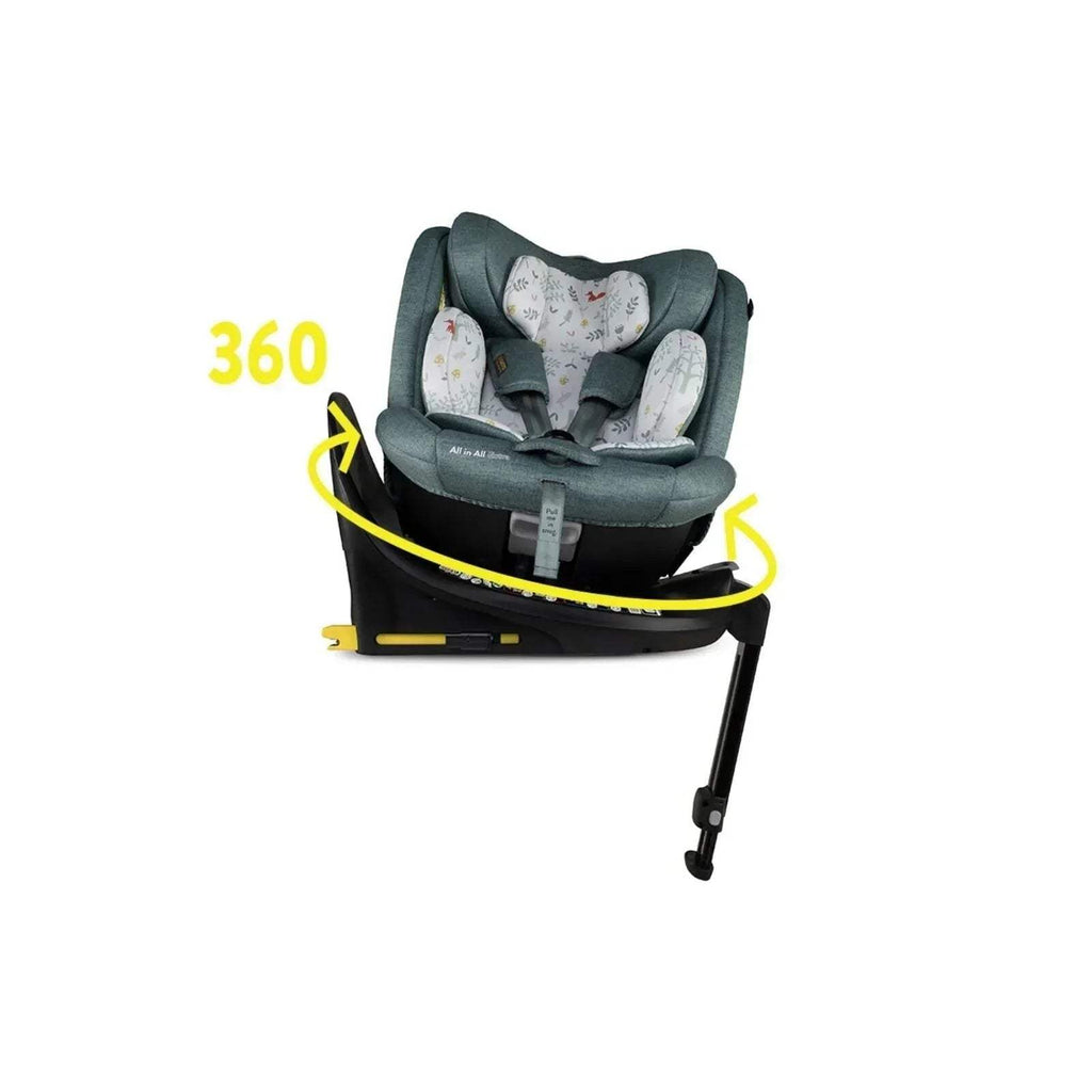 Teal infant car seat with forest animal print cushions and 360 rotation arrows