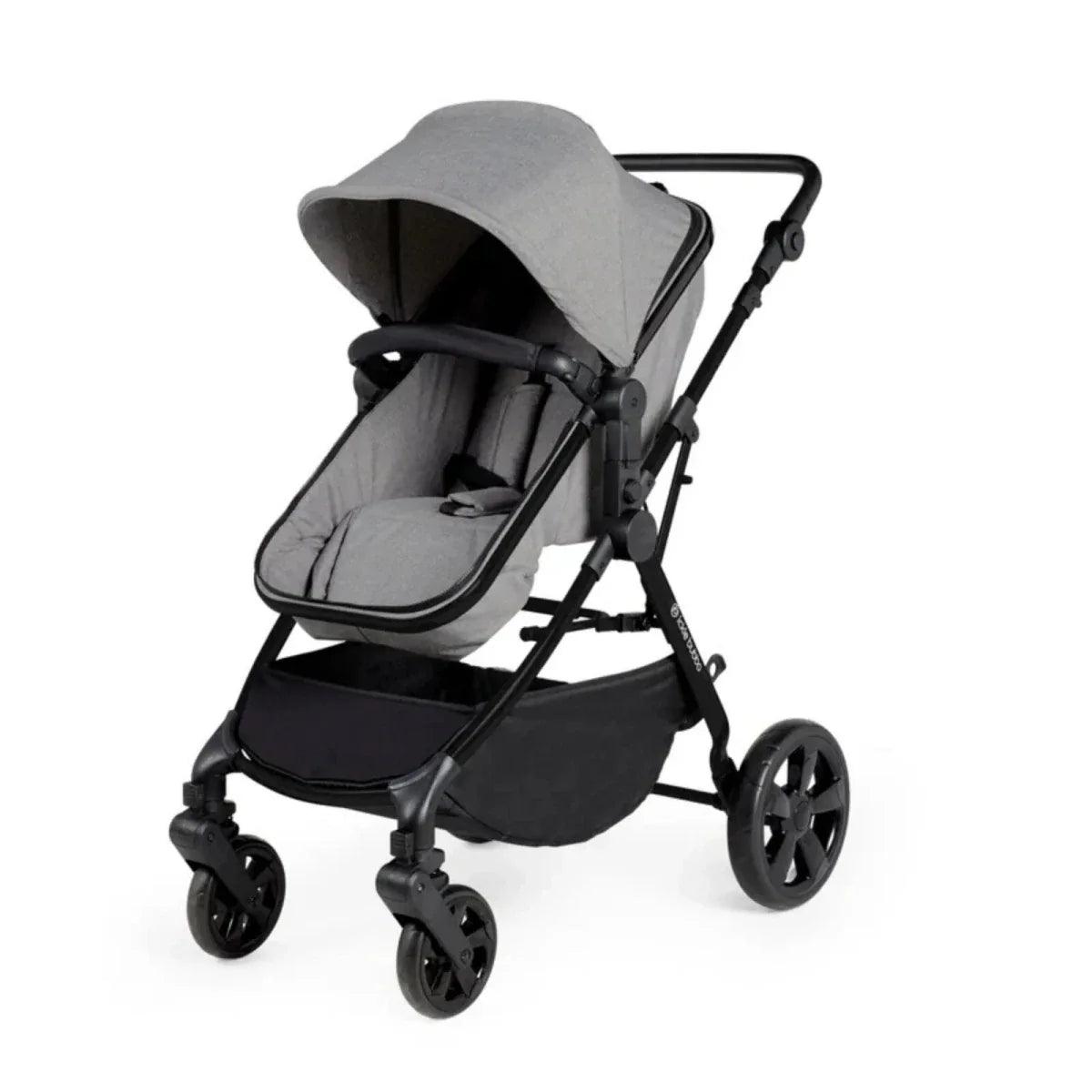 Space grey stroller with canopy, padded seat, and footrest; black frame and wheels