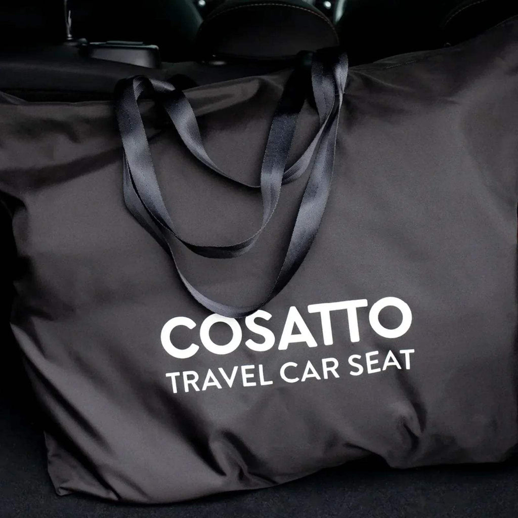 Cosatto travel car seat carry bag with handles, black with COSATTO TRAVEL CAR SEAT text