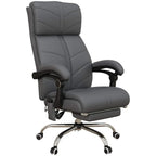 Grey high-back massage office chair with recline and footrest, PU leather look