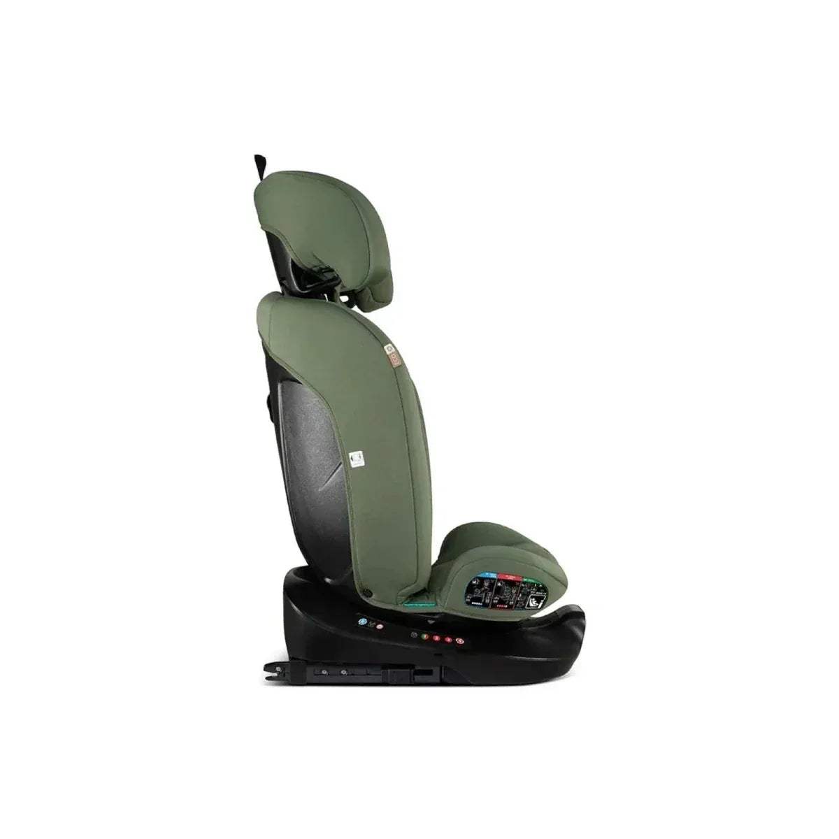Olive-green car seat side view with headrest and harness area on black base