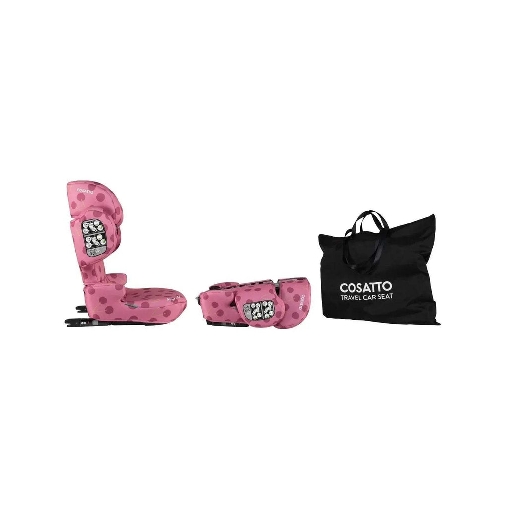 Cherry Pie patterned child car seat with black harness; includes Cosatto travel car seat bag