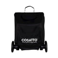 Black Cosatto stroller bag with carry handle, front wheels, and logo print