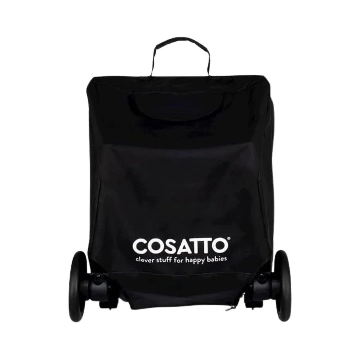 Black Cosatto stroller bag with carry handle, front wheels, and logo print