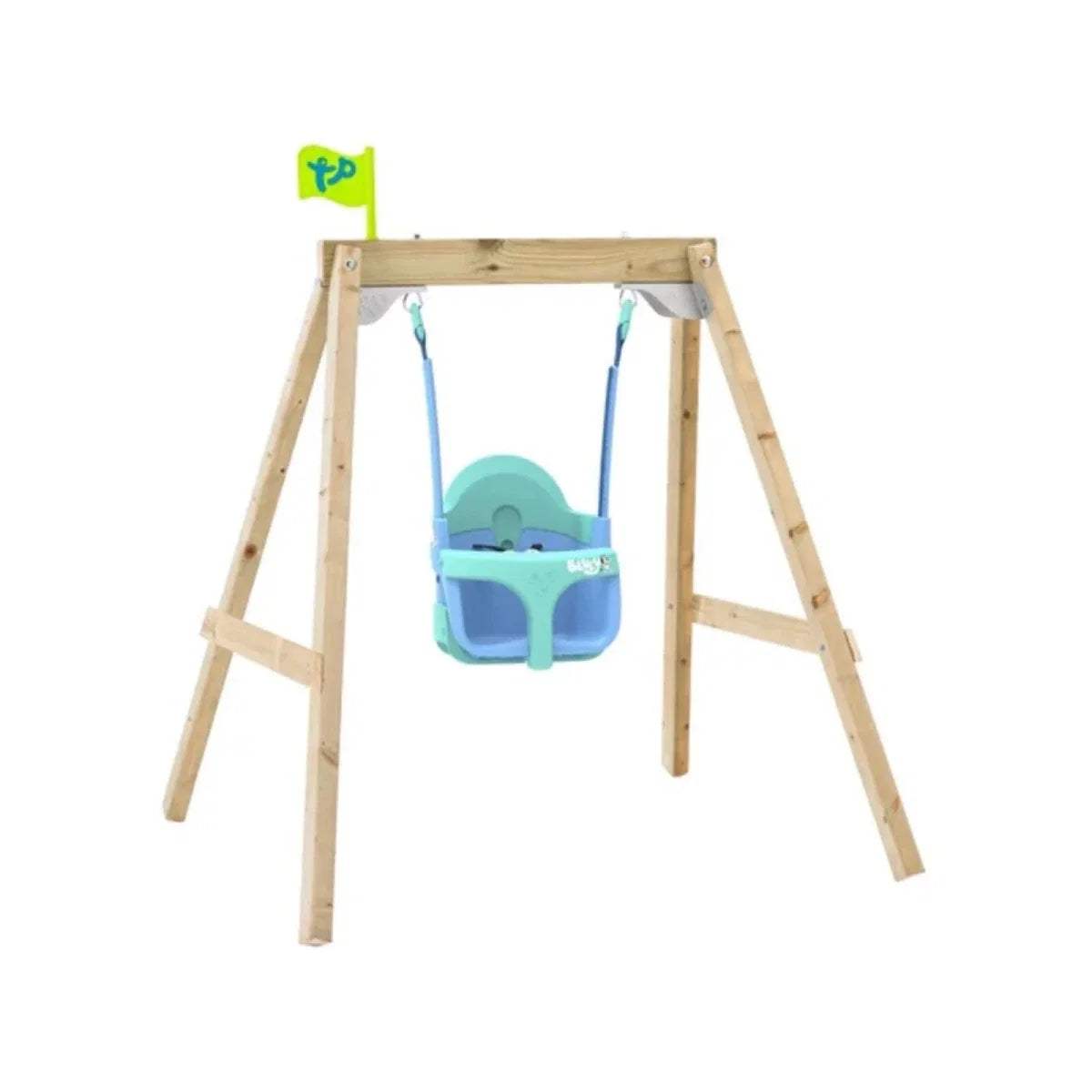 Blue and turquoise growable swing seat with headrest, hanging from blue ropes.