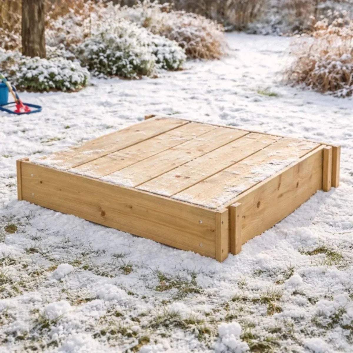 Wooden lidded sandpit with lid closed on top