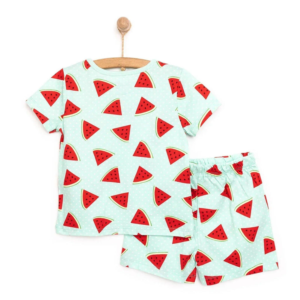 Mint short-sleeve baby pajama set with red watermelon print and elastic waist shorts