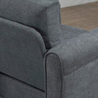 Grey upholstered armchair corner with rolled arm detail and seam stitching