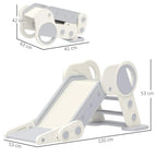 Foldable indoor slide in grey and beige with circular handrails and size measurements