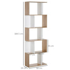 S-shaped freestanding bookshelf with five open tiers, oak-and-white wood frame