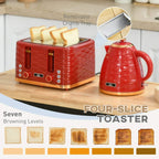 Red 4-slice toaster with removable crumb tray and red kettle on a wooden board