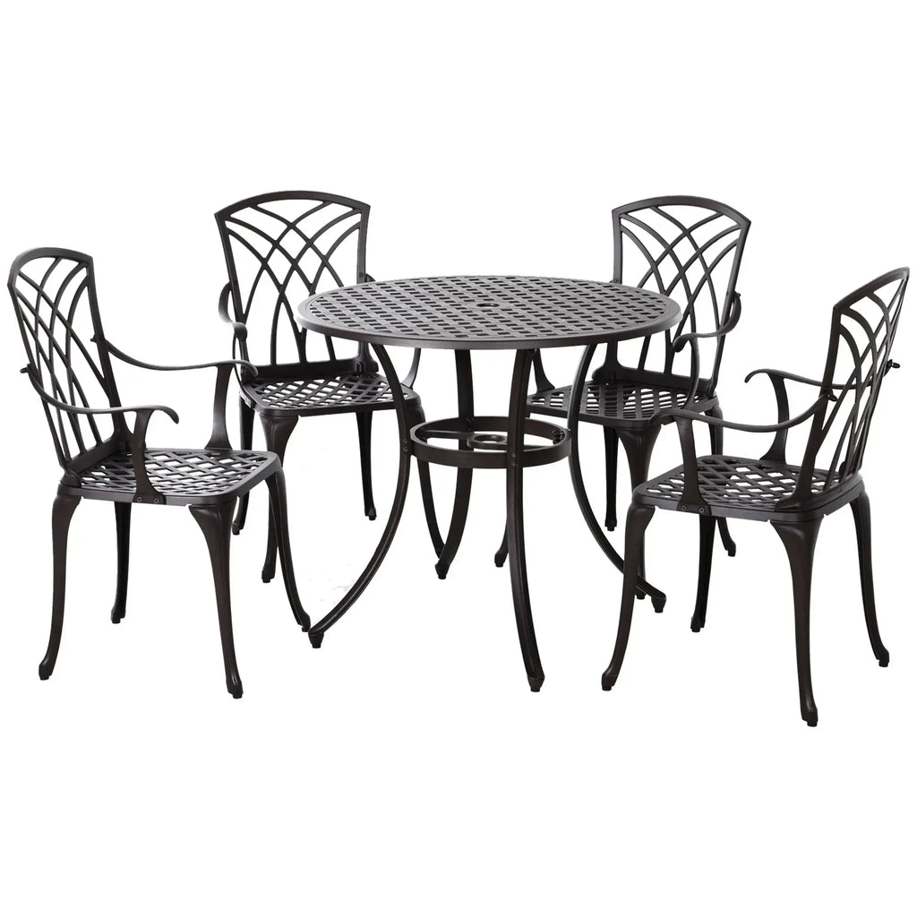 5 Pieces Garden Dining Set for 4, Cast Aluminium Outdoor Dining Set with 4 Armchairs and Round Dining Table with Parasol Hole, Garden Furniture Set, Brown - Bobobiy