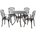5 Pieces Garden Dining Set for 4, Cast Aluminium Outdoor Dining Set with 4 Armchairs and Round Dining Table with Parasol Hole, Garden Furniture Set, Brown - Bobobiy