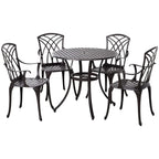 Brown cast-aluminum round outdoor dining table with four armchairs, 5-piece set