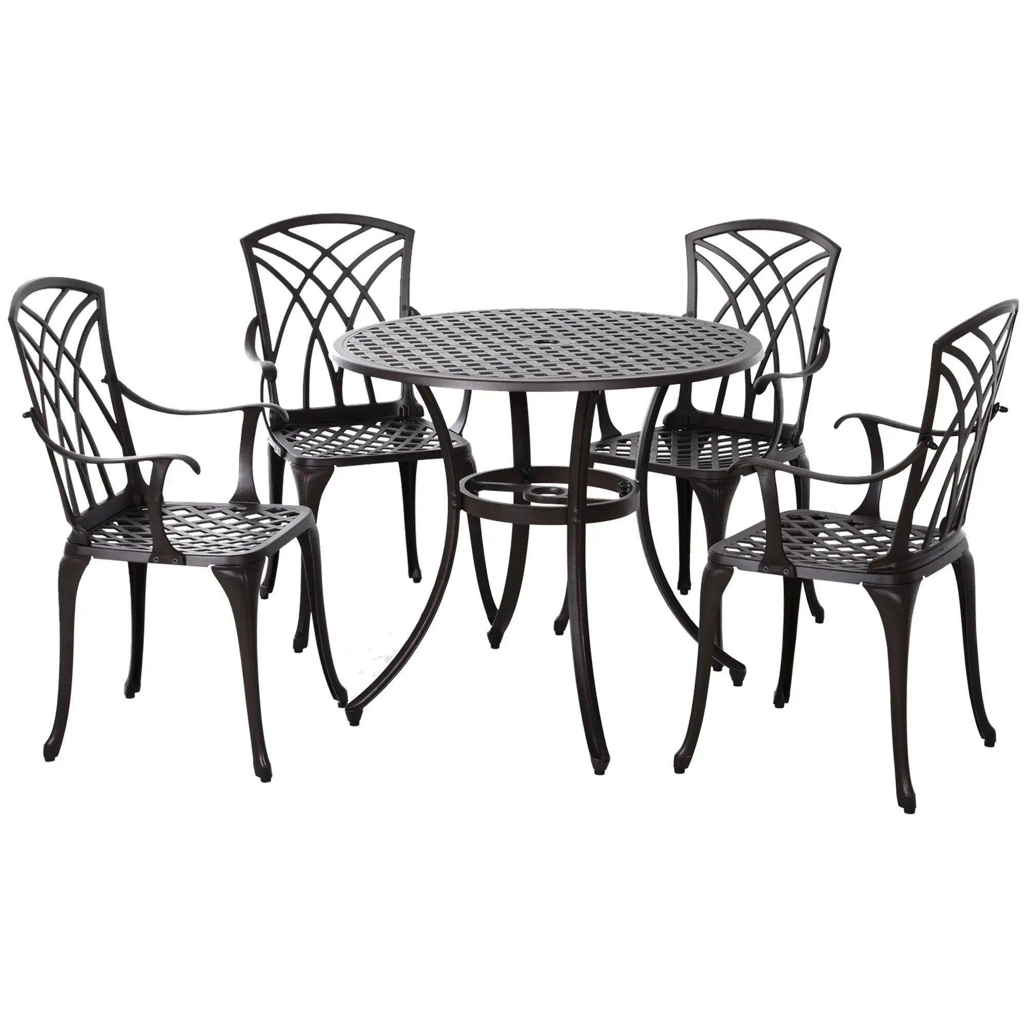 5 Pieces Garden Dining Set for 4, Cast Aluminium Outdoor Dining Set with 4 Armchairs and Round Dining Table with Parasol Hole, Garden Furniture Set, Brown - Bobobiy