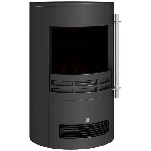 Black freestanding electric fireplace heater with glass front and chrome side handles