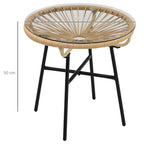 Round rattan coffee table with clear tempered glass top and four black metal legs