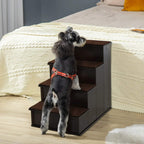 Small dog standing on dark brown pet stairs with brown carpeted steps