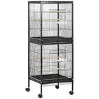 Black double-decker bird cage on wheels with multiple doors and interior perches