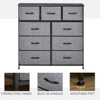 Grey fabric 9-drawer dresser with built-in curved handles and black metal frame