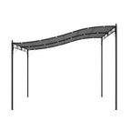 Grey metal gazebo canopy frame with slanted slat roof and four vertical support posts.