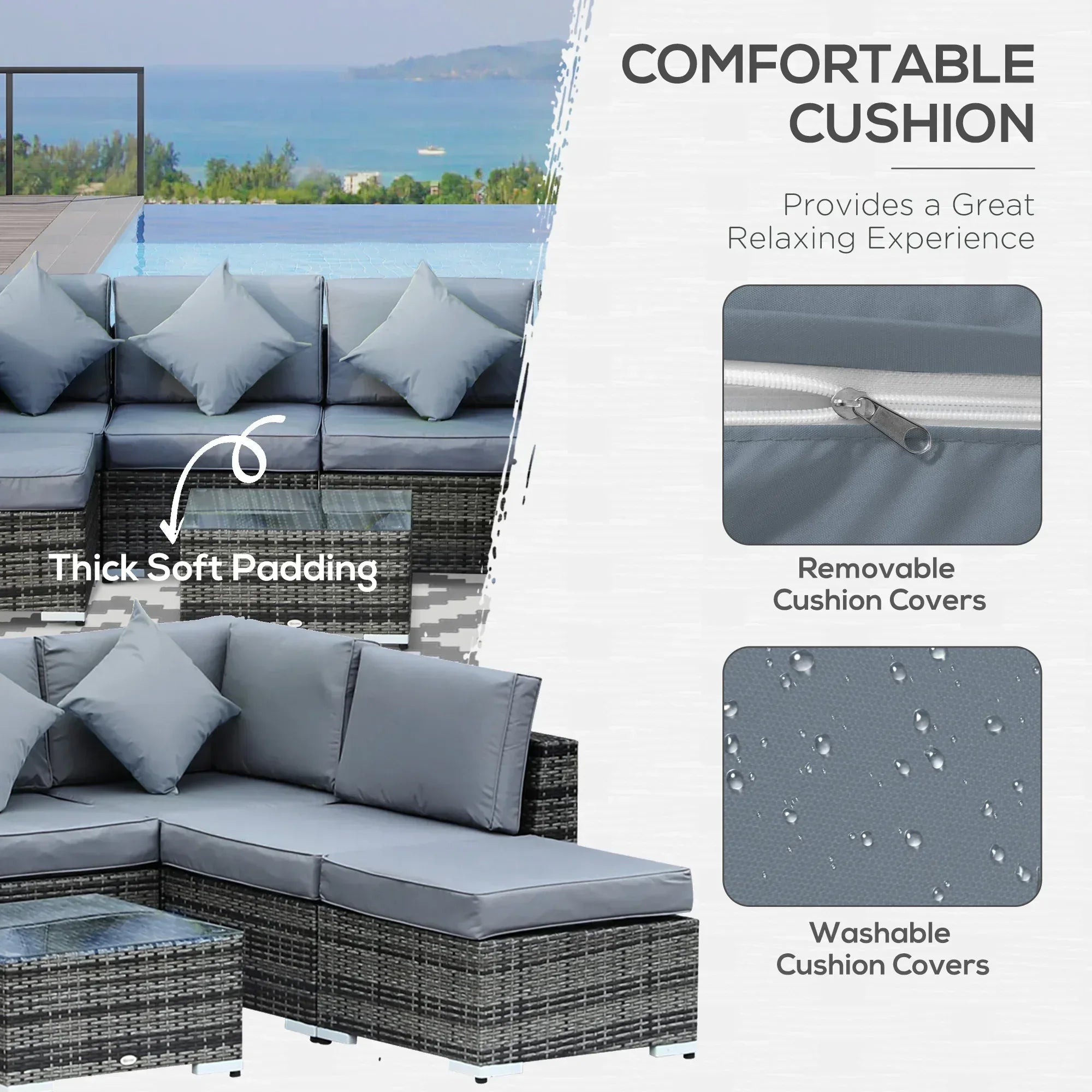 8 Piece Rattan Corner Sofa Set with Wide & Deep Seat, Assembled Aluminium PE Rattan Garden Furniture Set with Thick Cushions and Glass Top Table for Outdoor, Conservatory, Grey - Bobobiy