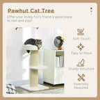 Cream sisal cat tree tower with stacked sherpa cushions in a product info panel