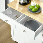 White cabinet with open compartments and drawers, light wood tabletop above