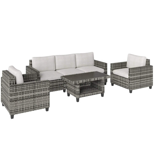 Light grey rattan modular sofa set with cushions and ottoman coffee table