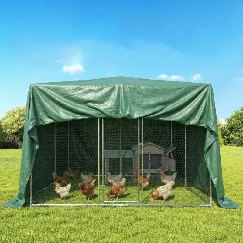 Green waterproof tarpaulin shelter over an outdoor chicken run with front grommets